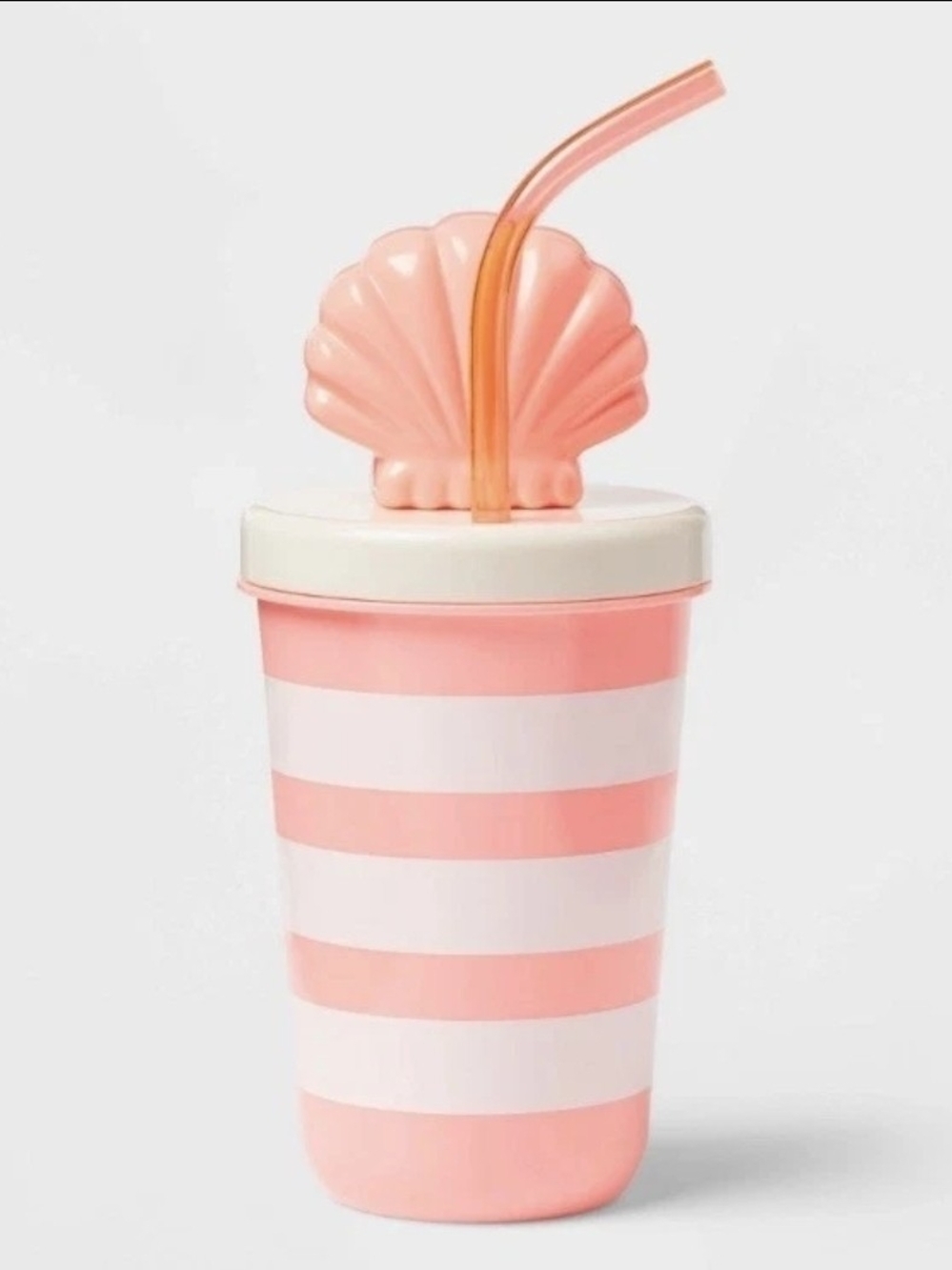 Beach Shell Pink Striped Party Cup with Straw Box Of 4